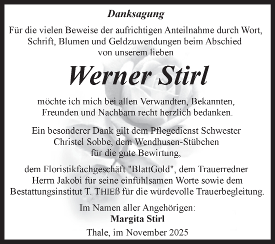 Traueranzeige von Werner Stirl von Trauerkombi Quedlinburg