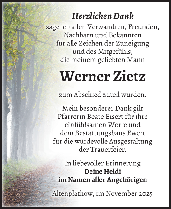Traueranzeige von Werner Zietz von Volksstimme Burg/Genthin