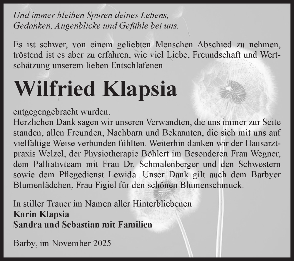  Traueranzeige für Wilfried Klapsia vom 15.11.2025 aus Volksstimme Schönebeck