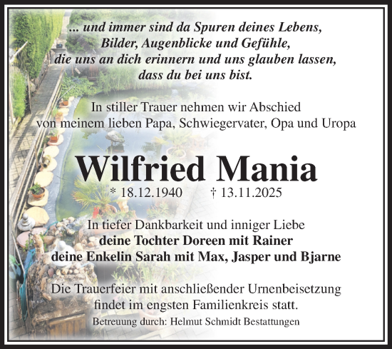 Traueranzeige von Wilfried Mania von Volksstimme Haldensleben/Wolmirstedt