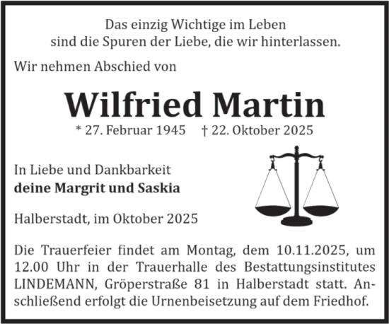 Traueranzeige von Wilfried Martin von Volksstimme Halberstadt