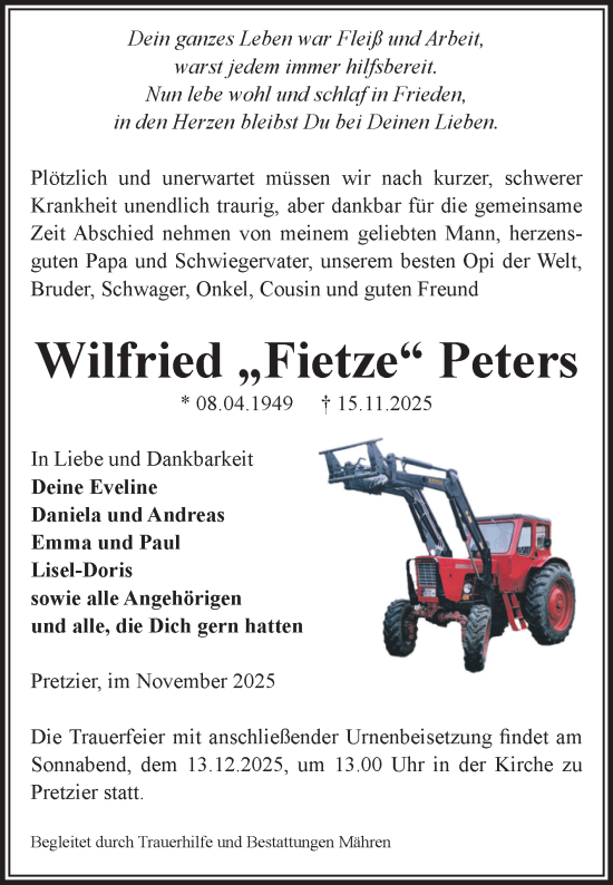 Traueranzeige von Wilfried Peters von Volksstimme Altmark West