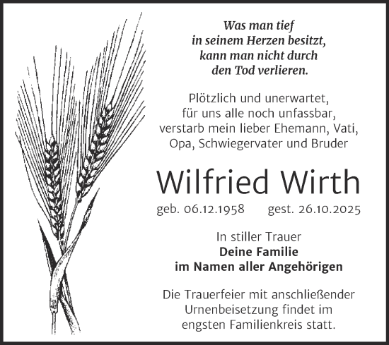 Traueranzeige von Wilfried Wirth von Trauerkombi Wittenberg