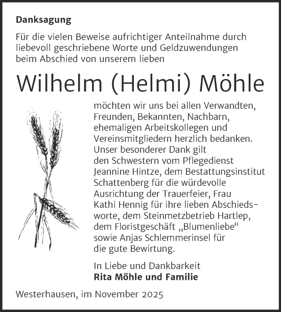 Traueranzeige von Wilhelm Möhle von Trauerkombi Quedlinburg