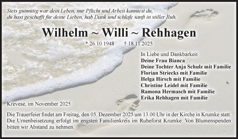  Traueranzeige für Wilhelm Rehhagen vom 22.11.2025 aus Volksstimme Altmark Ost