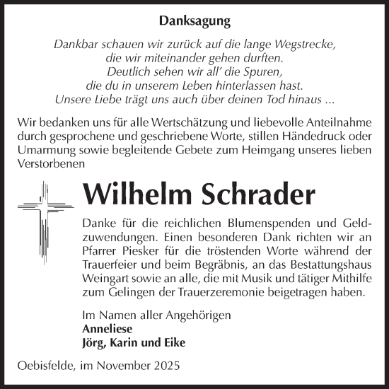 Traueranzeige von Wilhelm Schrader von Volksstimme Altmark West