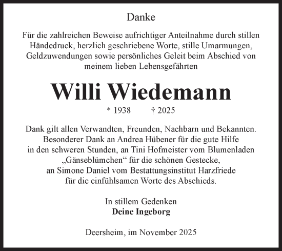 Traueranzeige von Willi Wiedemann von Volksstimme Halberstadt