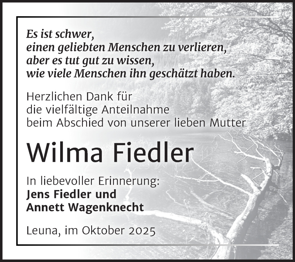  Traueranzeige für Wilma Fiedler vom 08.11.2025 aus Trauerkombi Merseburg