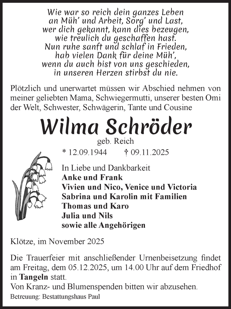  Traueranzeige für Wilma Schröder vom 14.11.2025 aus Volksstimme Altmark West