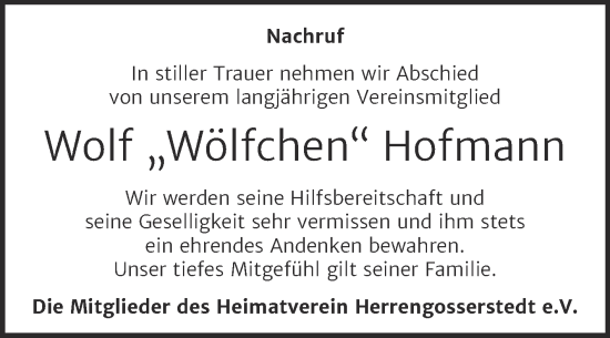 Traueranzeige von Wolf Hofmann von Super Sonntag Naumburg/Nebra