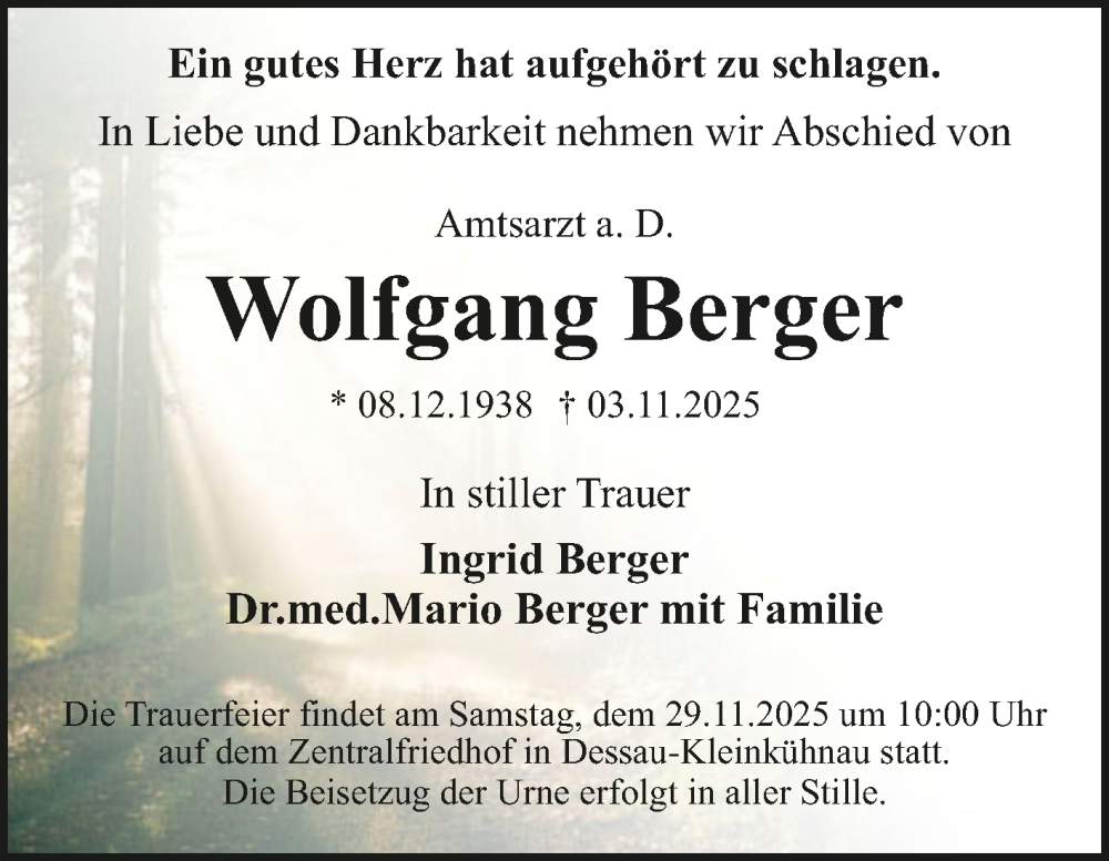  Traueranzeige für Wolfgang Berger vom 15.11.2025 aus Trauerkombi Dessau