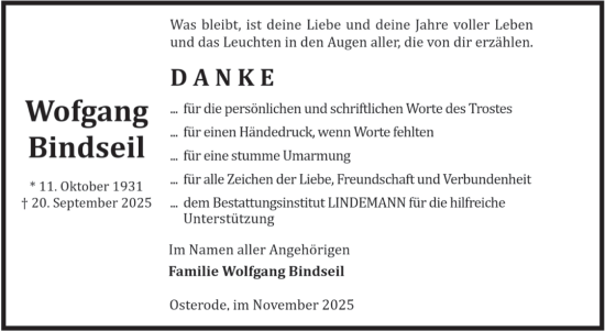Traueranzeige von Wolfgang Bindseil von Volksstimme Halberstadt