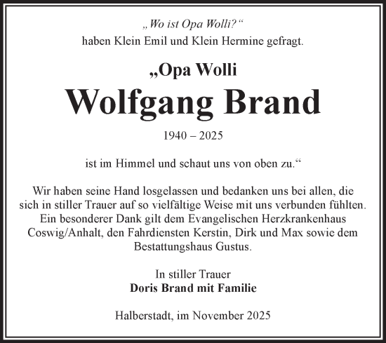 Traueranzeige von Wolfgang Brand von Volksstimme Halberstadt