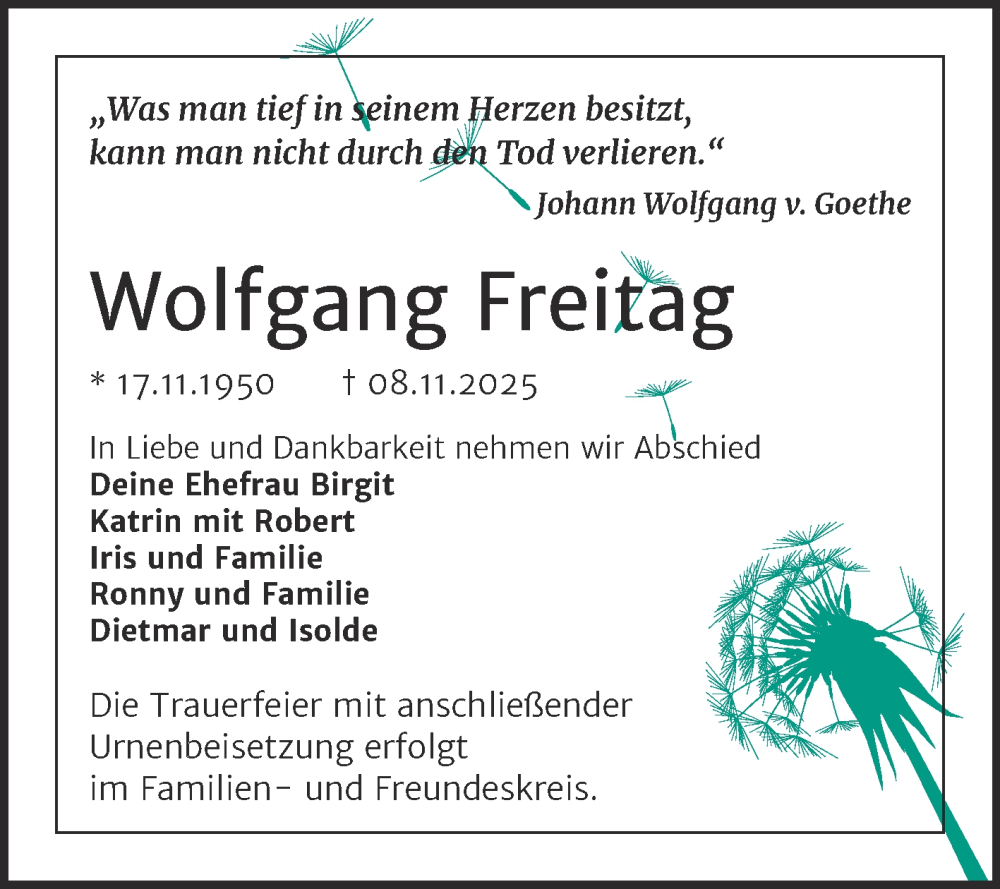  Traueranzeige für Wolfgang Freitag vom 22.11.2025 aus Trauerkombi Dessau