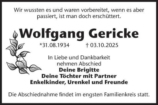 Traueranzeige von Wolfgang Gericke von Volksstimme Magdeburg
