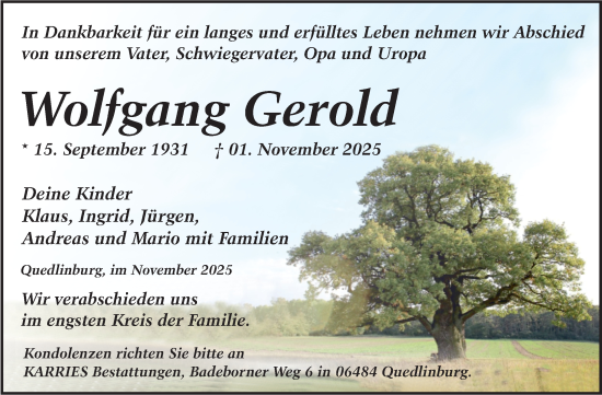 Traueranzeige von Wolfgang Gerold von Trauerkombi Quedlinburg