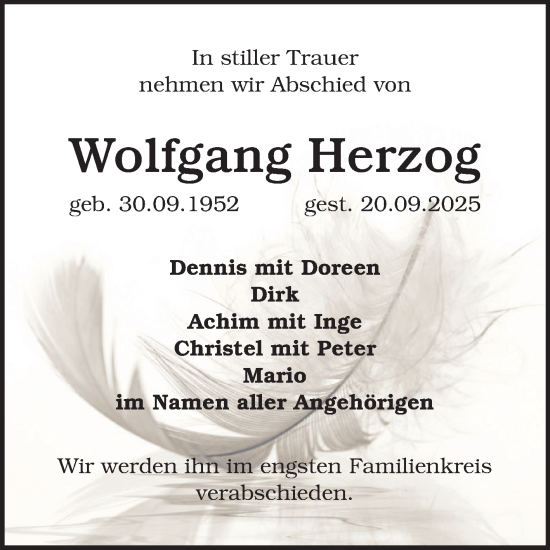 Traueranzeige von Wolfgang Herzog von Trauerkombi Aschersleben