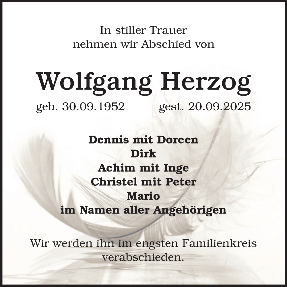  Traueranzeige für Wolfgang Herzog vom 01.11.2025 aus Trauerkombi Aschersleben