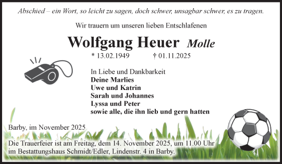 Traueranzeige von Wolfgang Heuer von Volksstimme Schönebeck