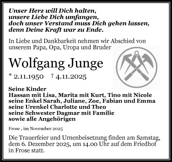 Traueranzeige von Wolfgang Junge von Trauerkombi Aschersleben