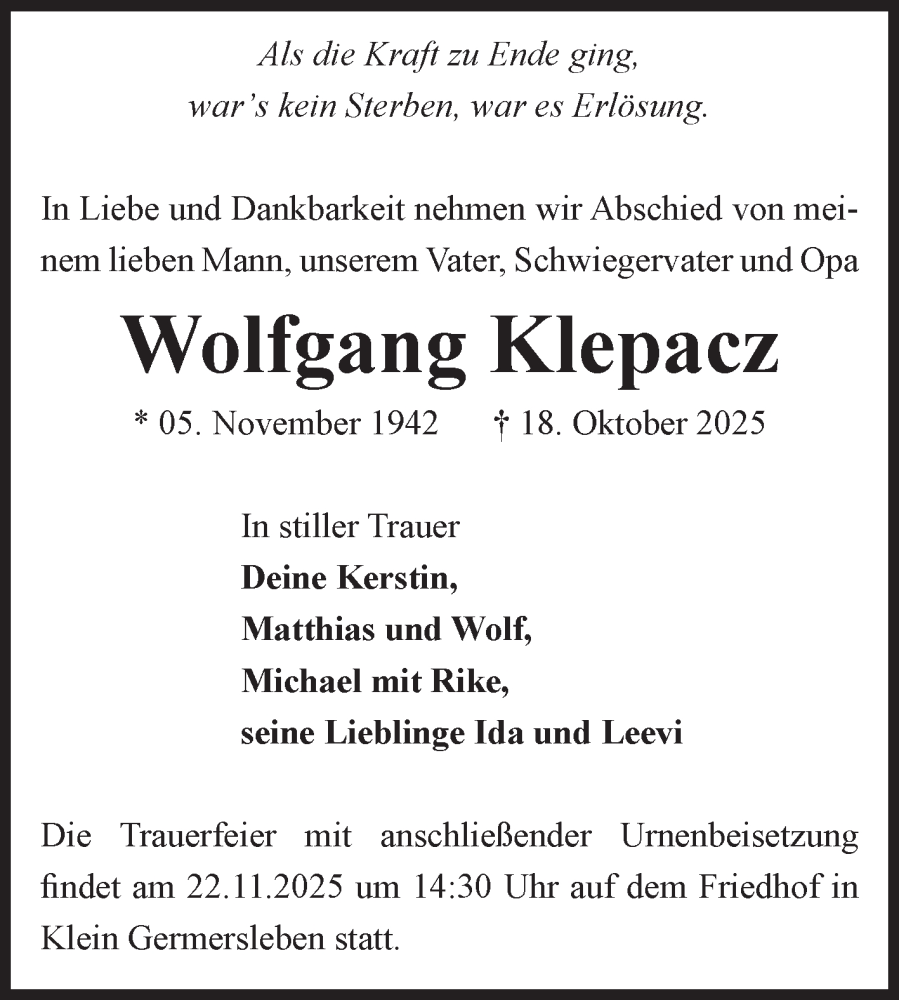  Traueranzeige für Wolfgang Klepacz vom 08.11.2025 aus Volksstimme Oschersleben/Wanzleben