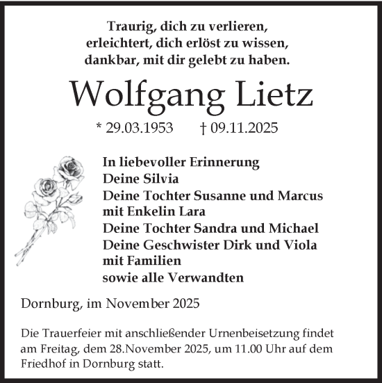 Traueranzeige von Wolfgang Lietz von Volksstimme Burg/Genthin