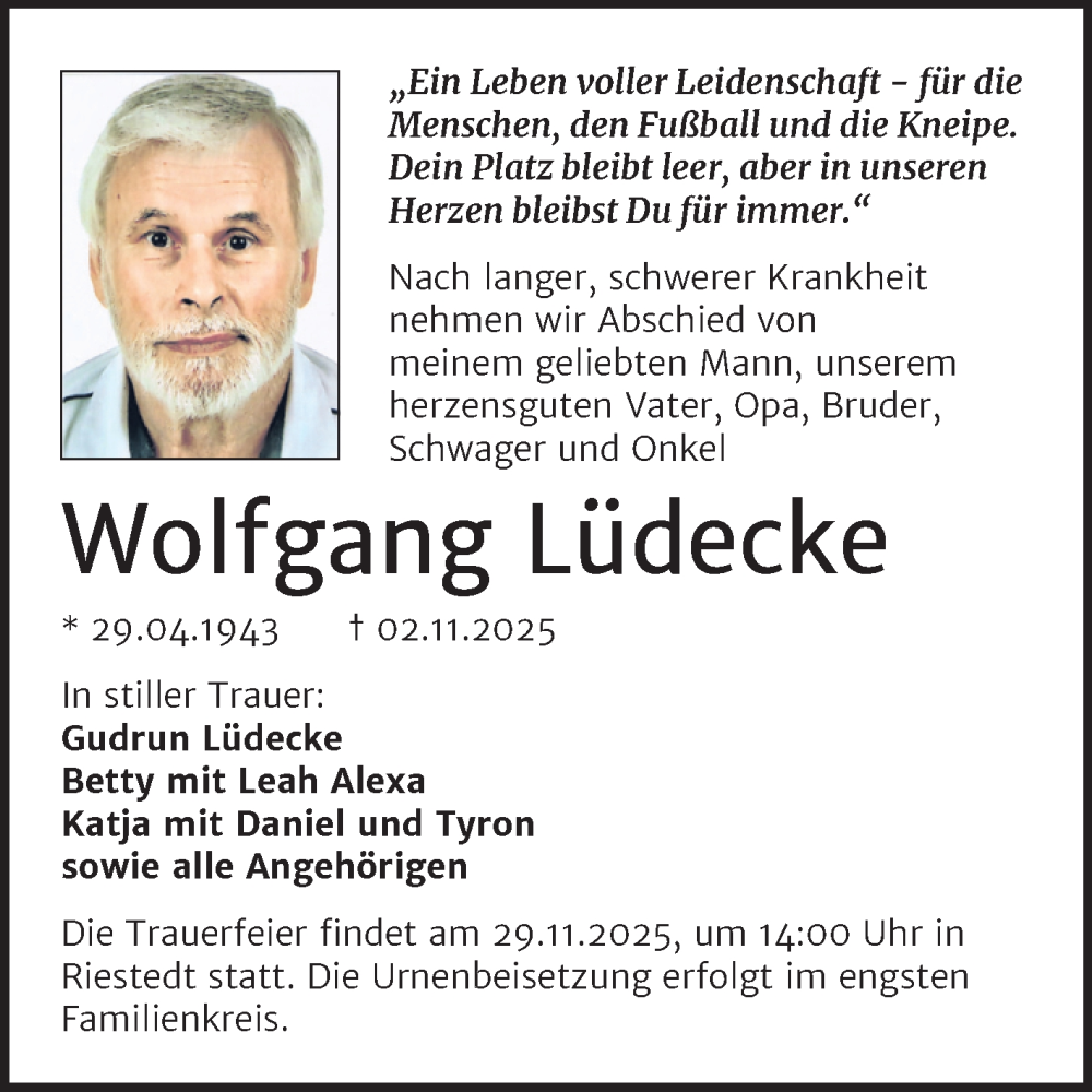  Traueranzeige für Wolfgang Lüdecke vom 15.11.2025 aus Trauerkombi Sangerhausen