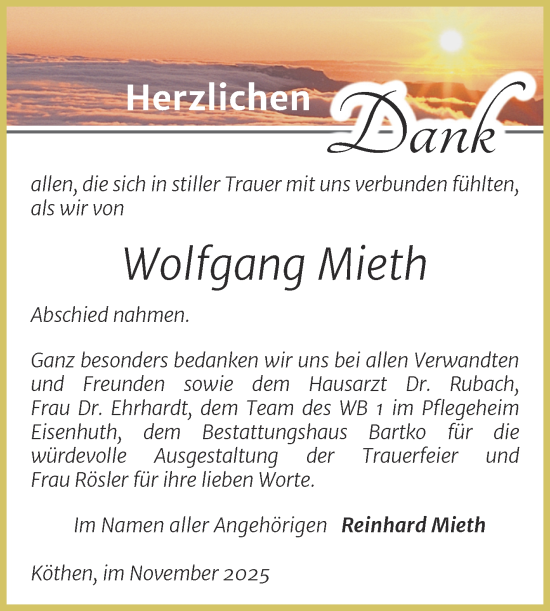 Traueranzeige von Wolfgang Mieth von Trauerkombi Köthen