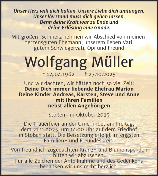 Traueranzeige von Wolfgang Müller von Super Sonntag Naumburg/Nebra