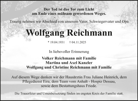 Traueranzeige von Wolfgang Reichmann von Trauerkombi Dessau