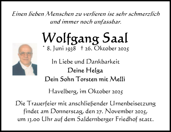 Traueranzeige von Wolfgang Saal von Volksstimme Altmark Ost