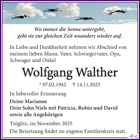 Traueranzeige von Wolfgang Walther von Trauerkombi Zeitz
