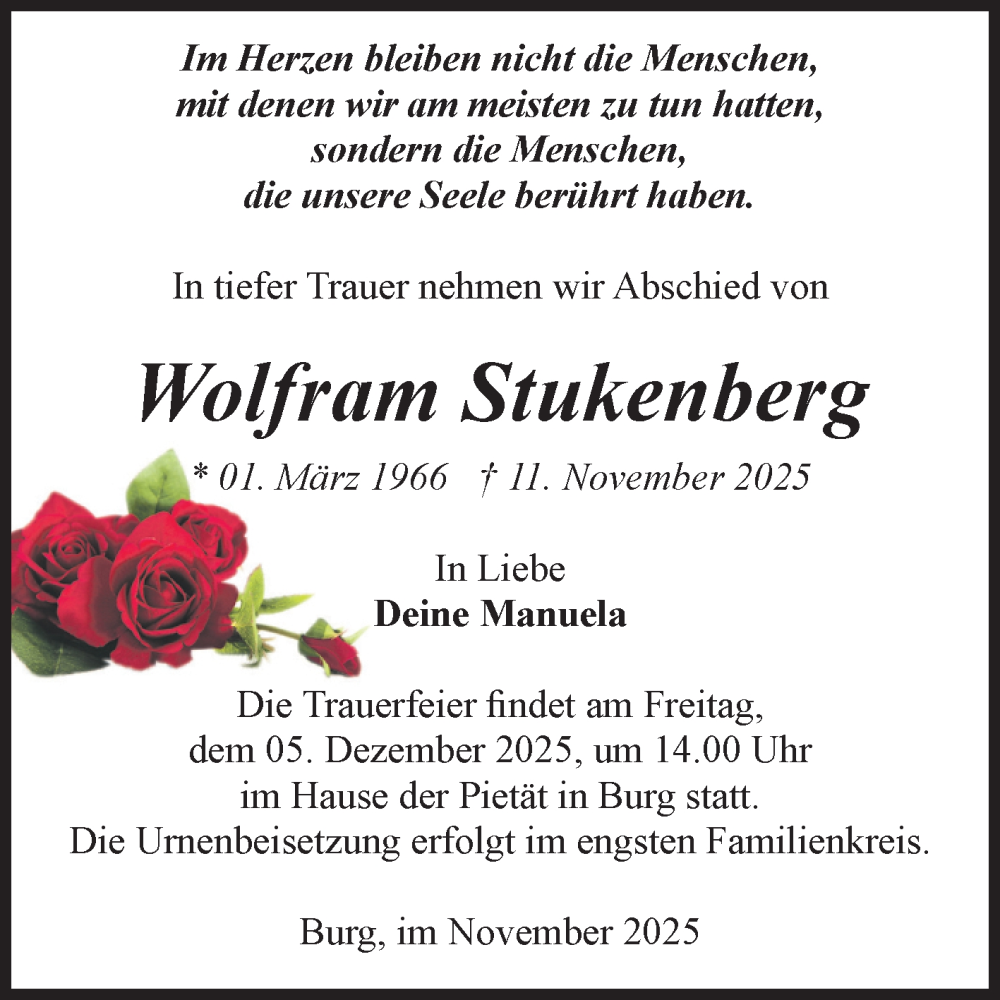  Traueranzeige für Wolfram Stukenberg vom 22.11.2025 aus 