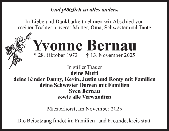Traueranzeige von Yvonne Bernau von Volksstimme Altmark West