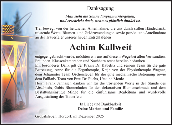 Traueranzeige von Achim Kallweit von Volksstimme Oschersleben/Wanzleben
