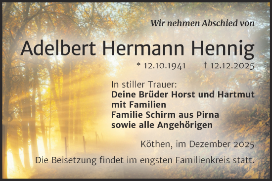 Traueranzeige von Adelbert Hermann Hennig von Trauerkombi Köthen
