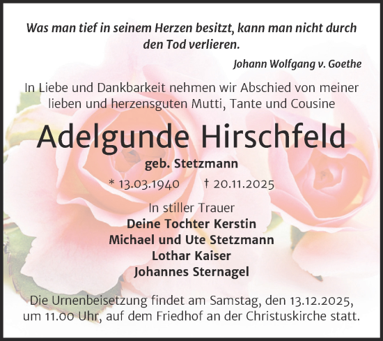 Traueranzeige von Adelgunde Hirschfeld von Trauerkombi Wittenberg