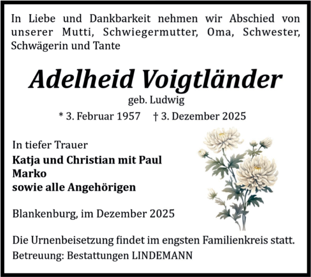  Traueranzeige für Adelheid Voigtländer vom 13.12.2025 aus Volksstimme Wernigerode