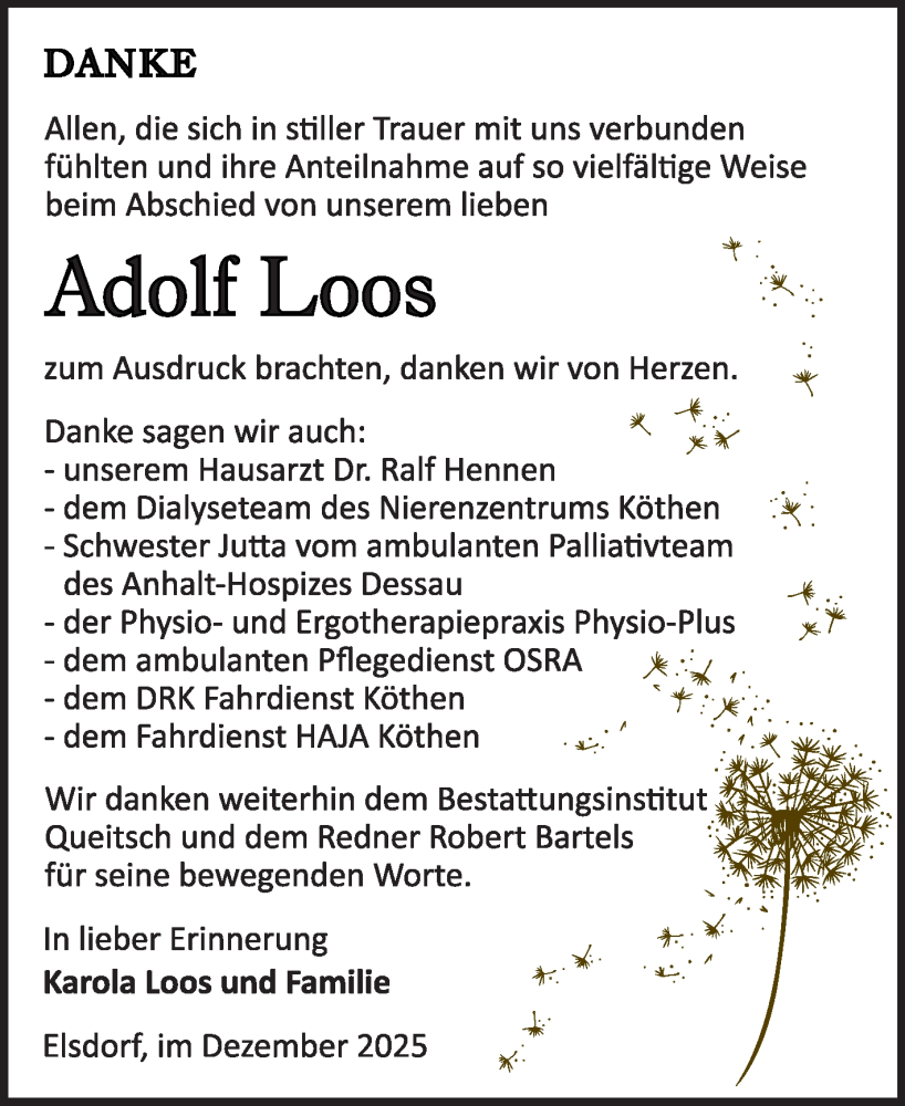  Traueranzeige für Adolf Loos vom 12.12.2025 aus Trauerkombi Köthen