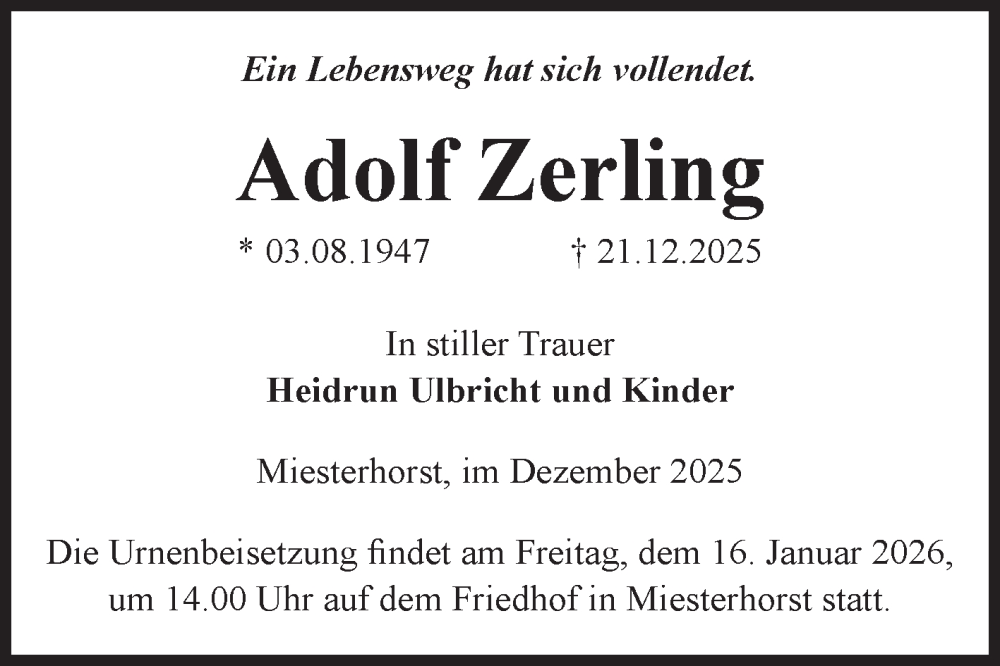  Traueranzeige für Adolf Zerling vom 27.12.2025 aus Volksstimme Altmark West