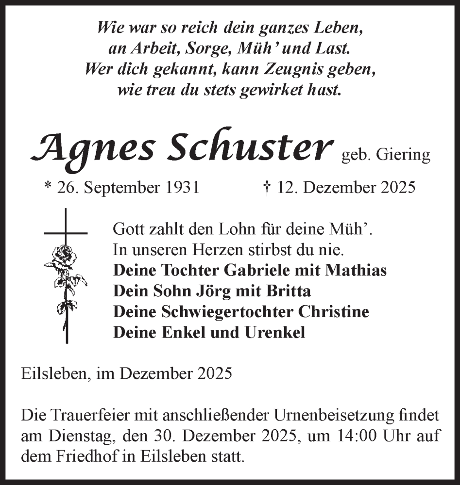 Traueranzeige für Agnes Schuster vom 20.12.2025 aus Volksstimme Oschersleben/Wanzleben