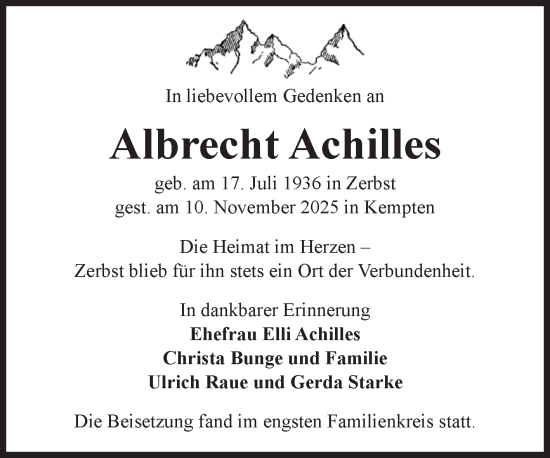 Traueranzeige von Albrecht Achilles von Volksstimme Zerbst