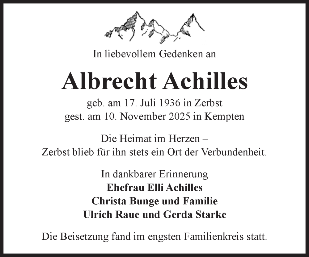  Traueranzeige für Albrecht Achilles vom 13.12.2025 aus Volksstimme Zerbst