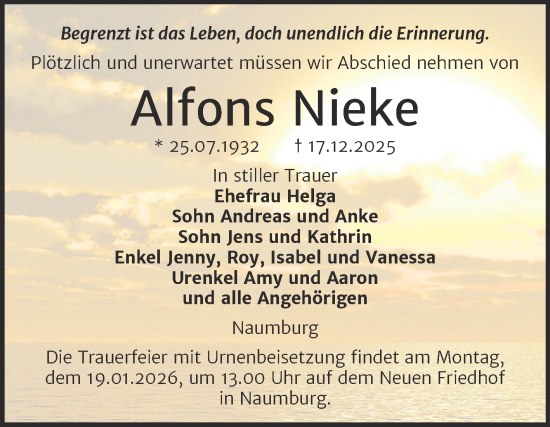Traueranzeige von Alfons Nieke von Super Sonntag Naumburg/Nebra