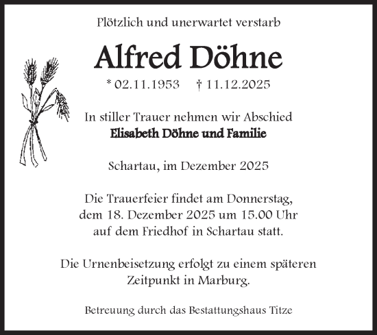Traueranzeige von Alfred Döhne von Volksstimme Burg/Genthin