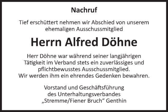 Traueranzeige von Alfred Döhne von Volksstimme Burg/Genthin