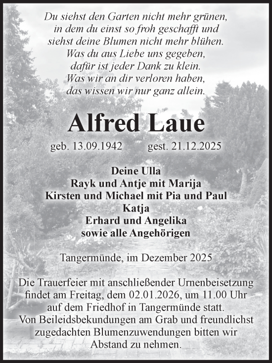 Traueranzeige von Alfred Laue von Volksstimme Altmark Ost