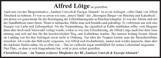 Traueranzeige von Alfred Lötge von Volksstimme Altmark West
