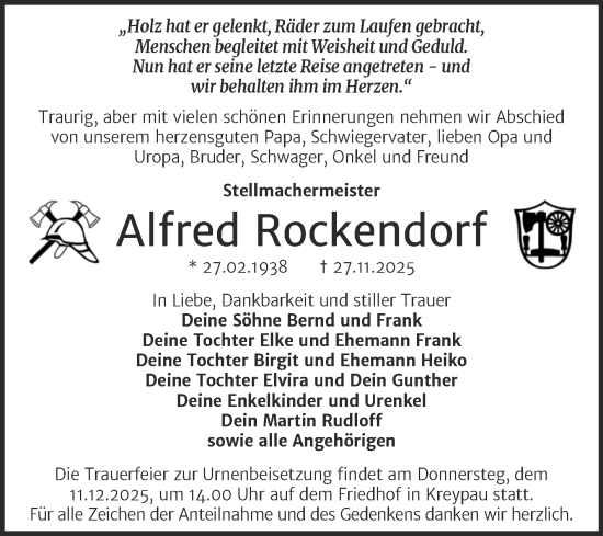 Traueranzeige von Alfred Rockendorf von Trauerkombi Merseburg