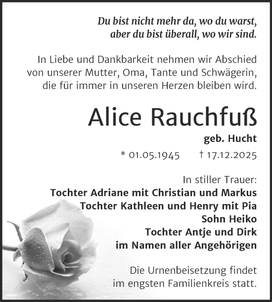 Traueranzeige von Alice Rauchfuß von Trauerkombi Wittenberg